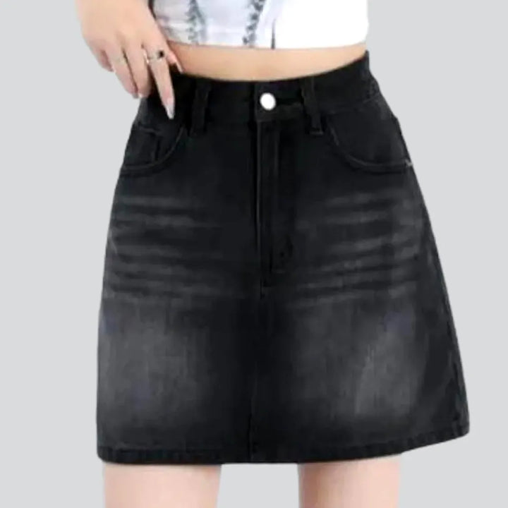 Whiskered high-waist jean skort