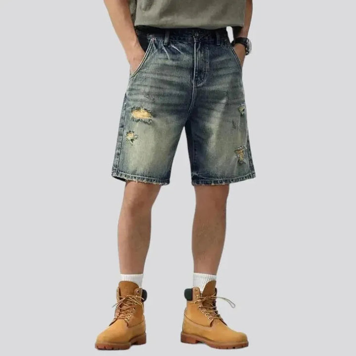 Whiskered distressed jeans shorts for men