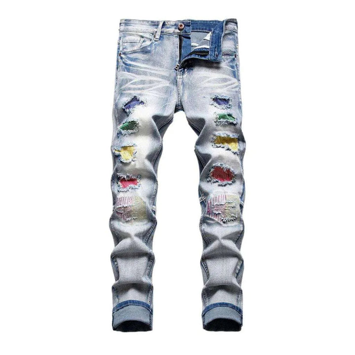 Color-embellished patchwork men's jeans