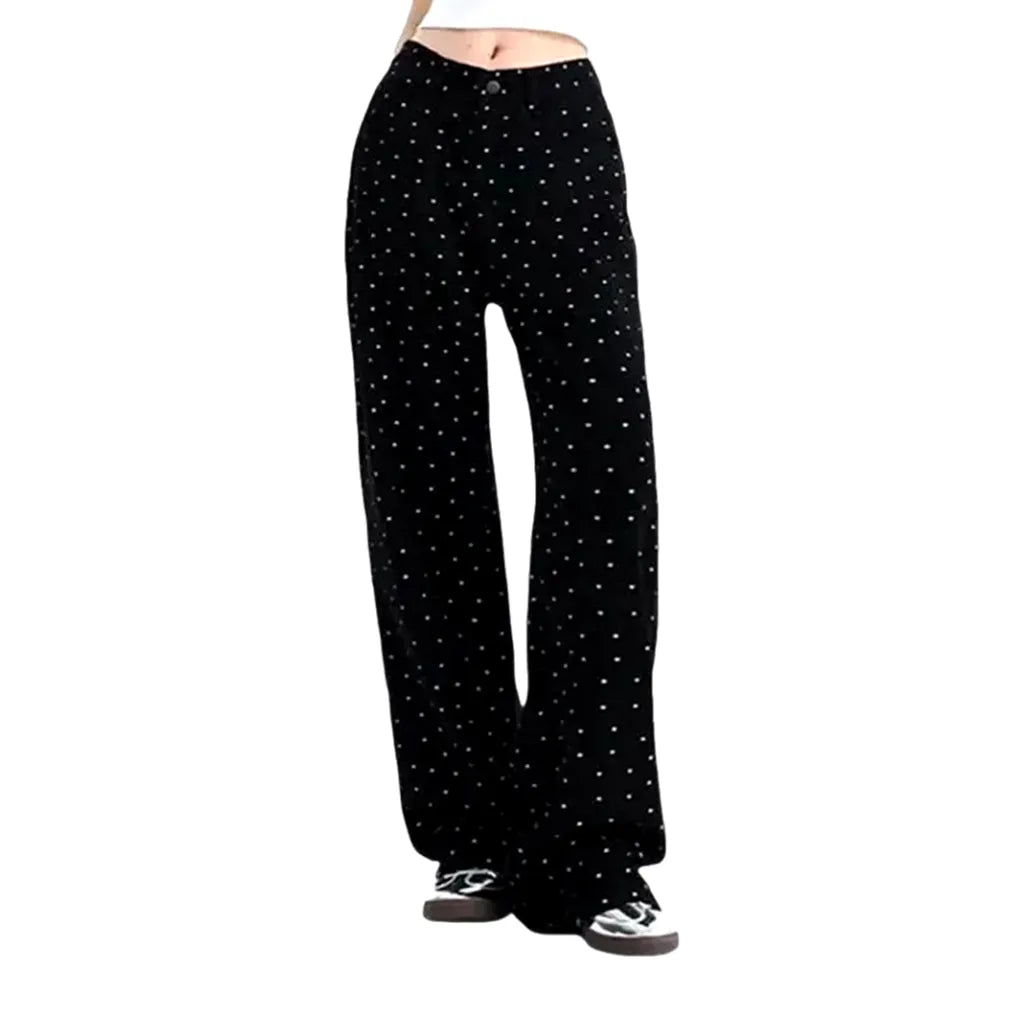 High Rise Slouchy Dot Patterned Women's Jeans - Black