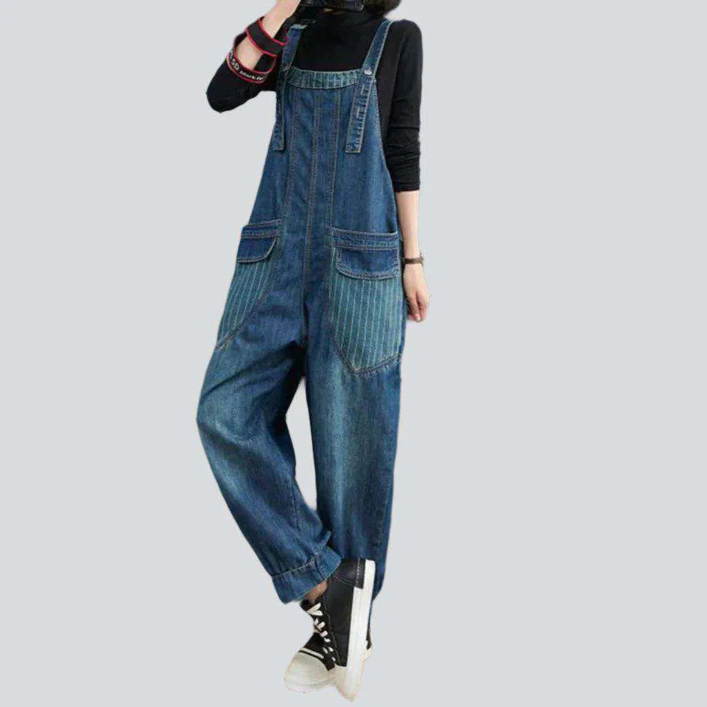 Striped pocket women's denim jumpsuit