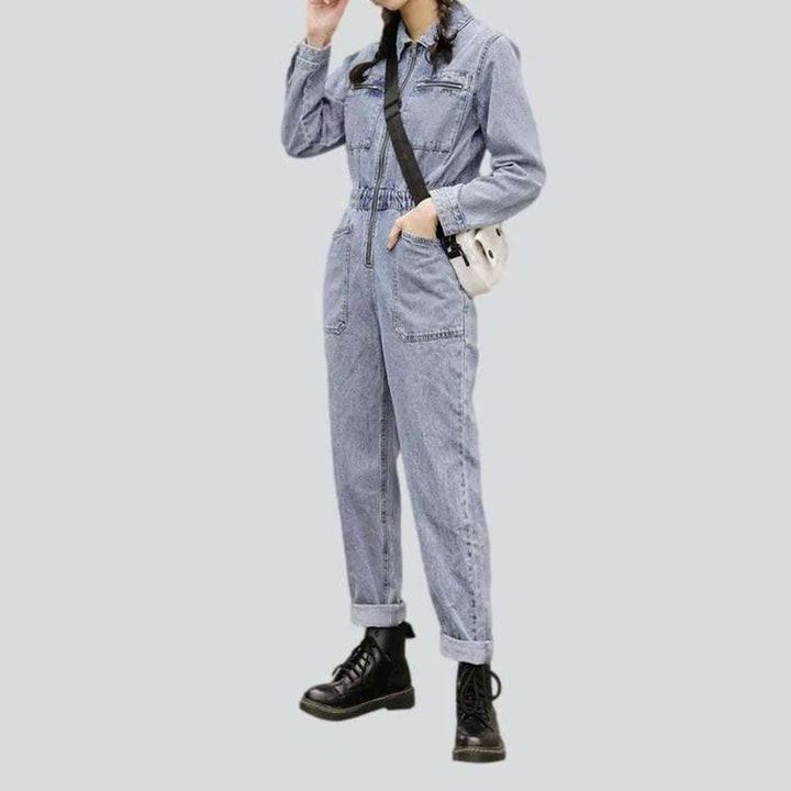 Stylish bleached women's jean jumpsuit