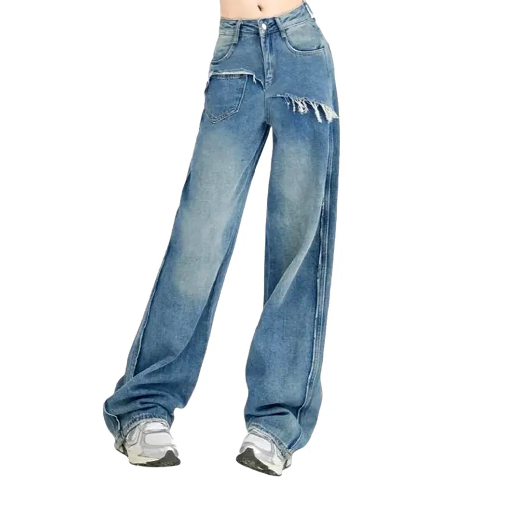 Retro Layered Wide Fit Jeans for Women - Blue