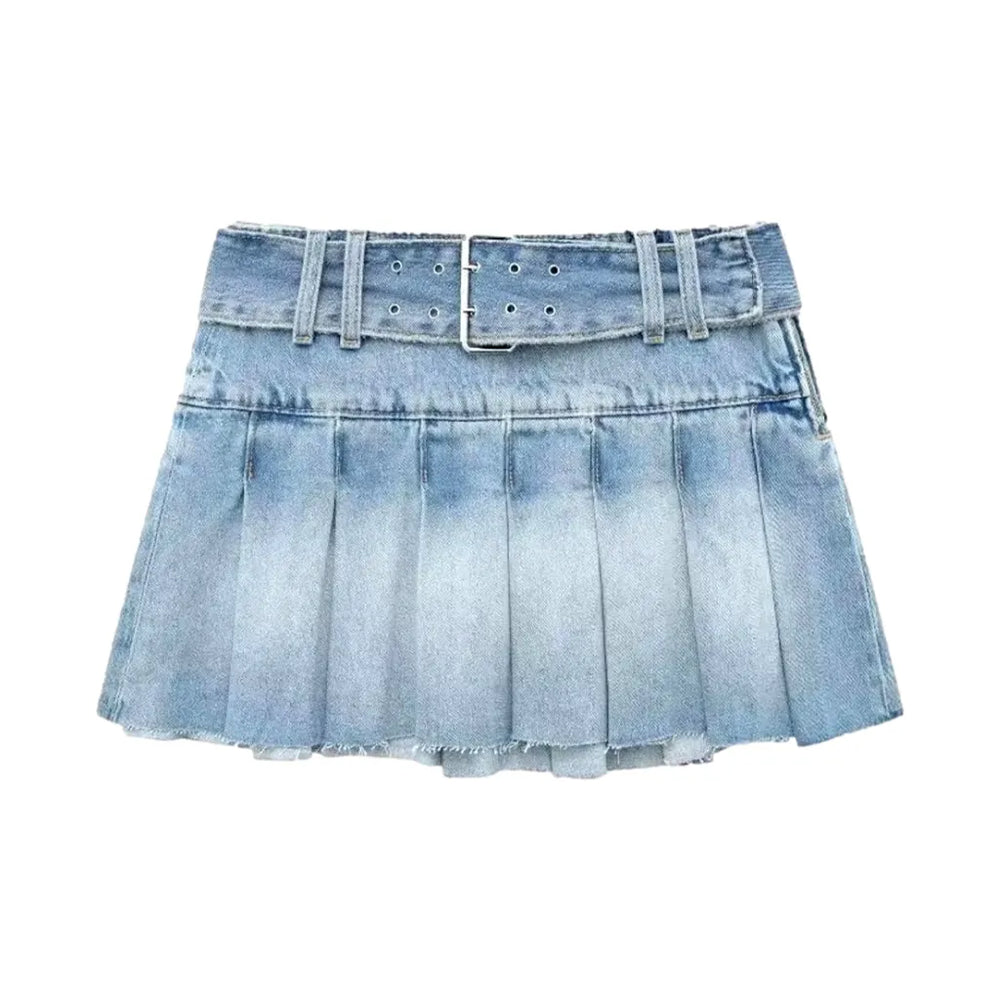 Raw Hem Plaited Street Style Denim Skirt - Light Blue