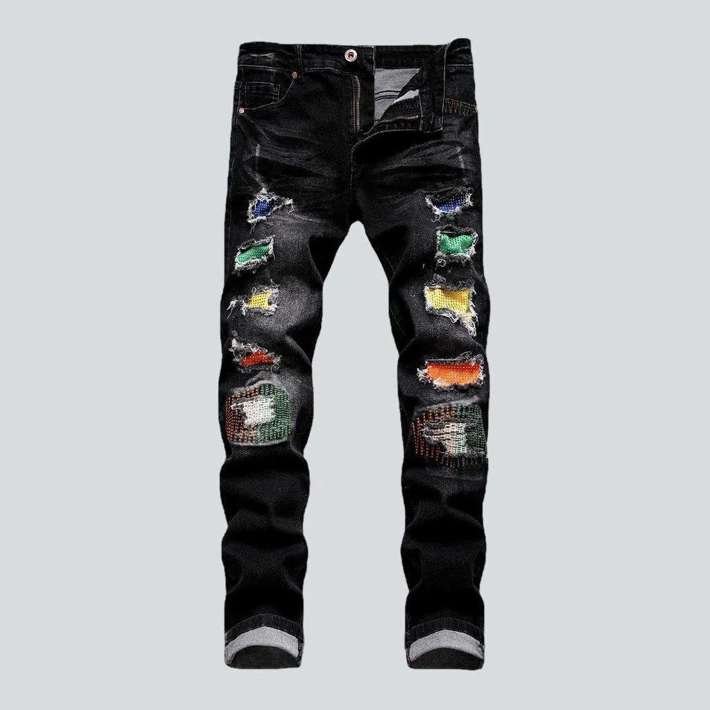 Color-embellished patchwork men's jeans