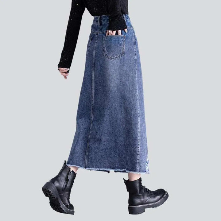 Ripped edge long denim skirt