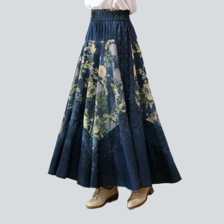 Color flowers print denim skirt