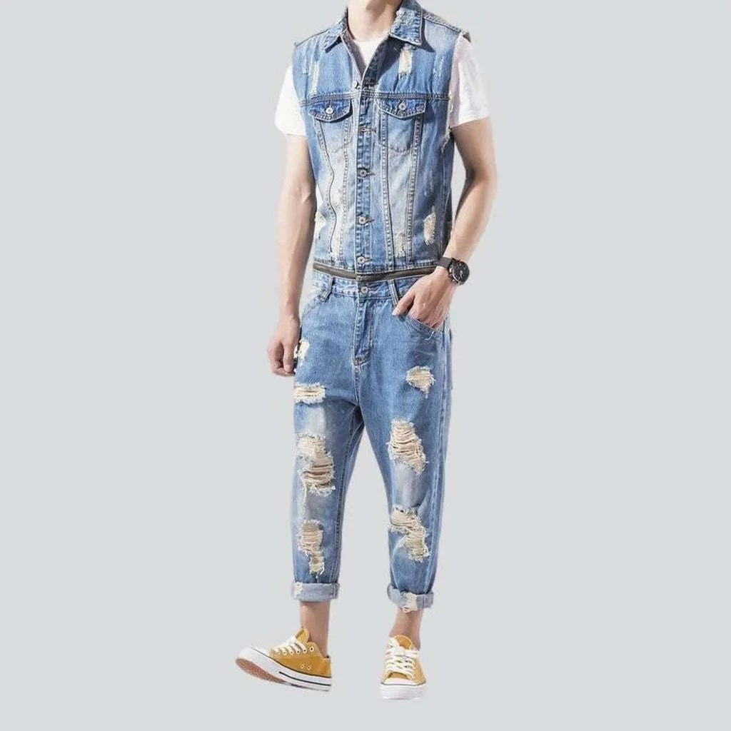 Sleeveless distressed men's denim overall