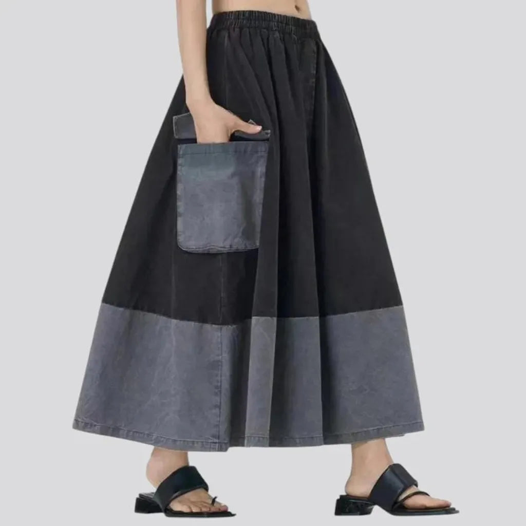 Maxi length elastic fit jeans skirt