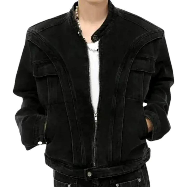 Medium Length Boho Style Men's Jeans Jacket - Black