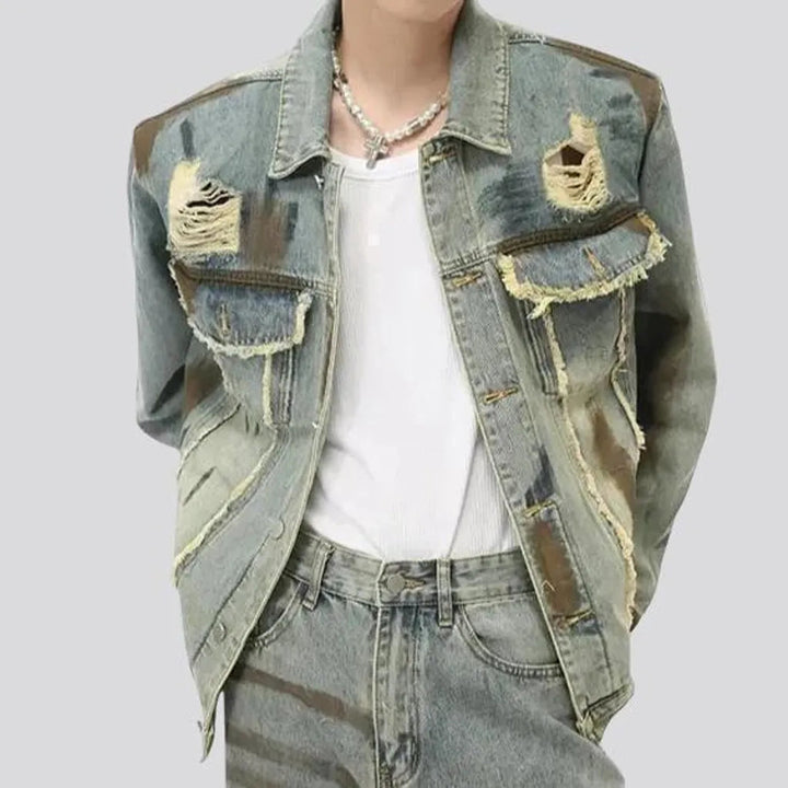 Distressed design extra-large men's jeans jacket