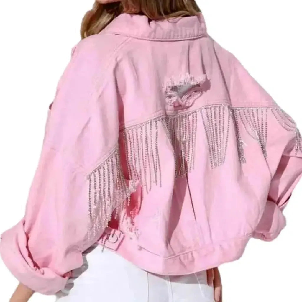 Distressed diamond jean jacket for women