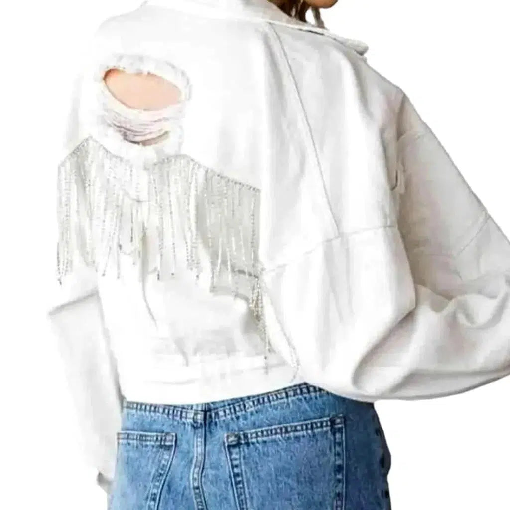 Distressed diamond jean jacket for women