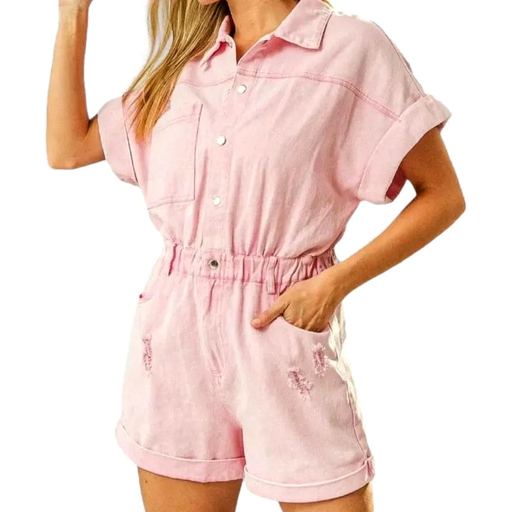 Distressed Jeans Romper for Ladies - Pink