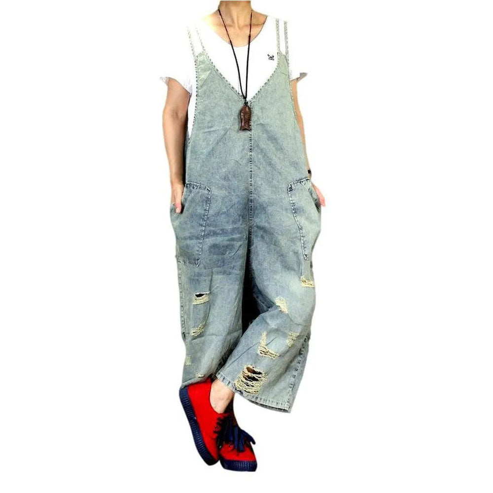 Distressed Women's Jean Dungaree - Light Blue