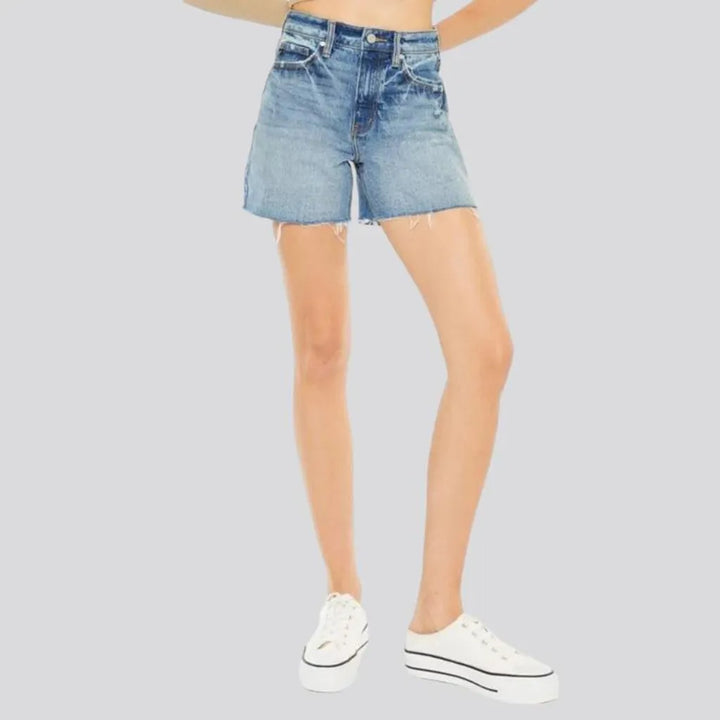 Raw-hem high-waist denim shorts for ladies