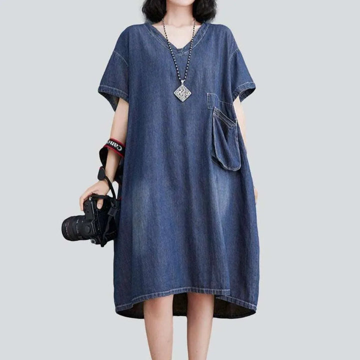 V neck denim dress with pocket