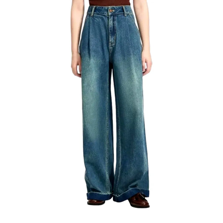 Stonewashed Wide Fit Women's Denim Pants - Blue