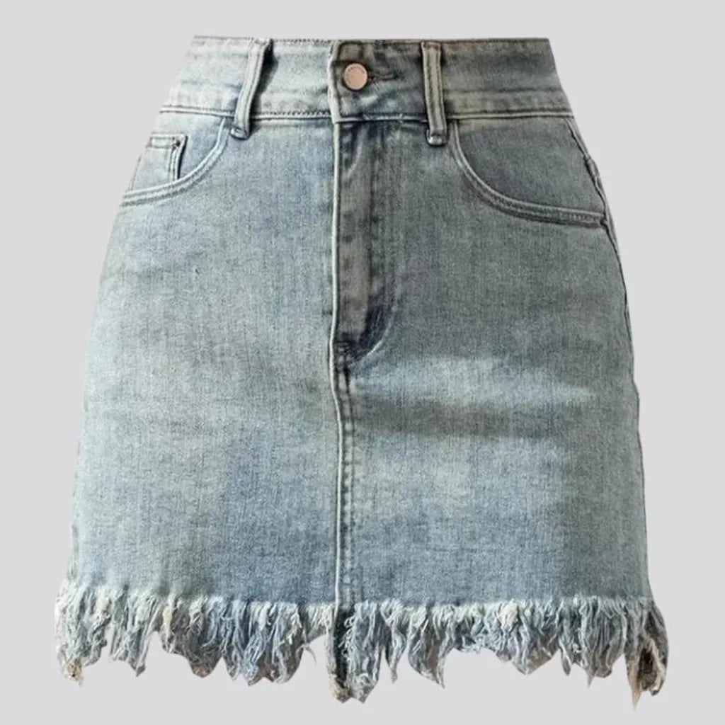 Fringe-hem light-wash denim skort