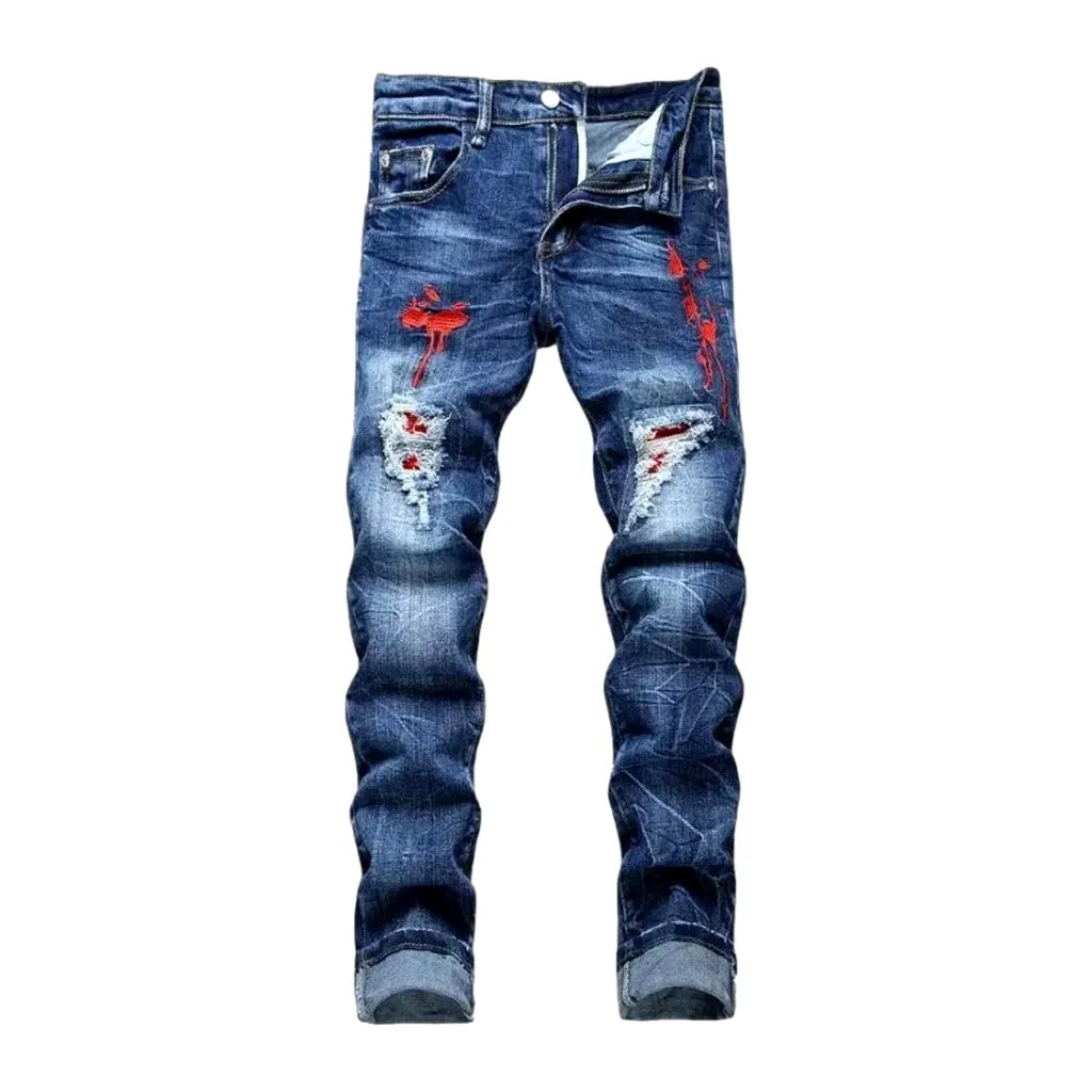 Whiskered Painted Fashion Men's Jeans - Blue