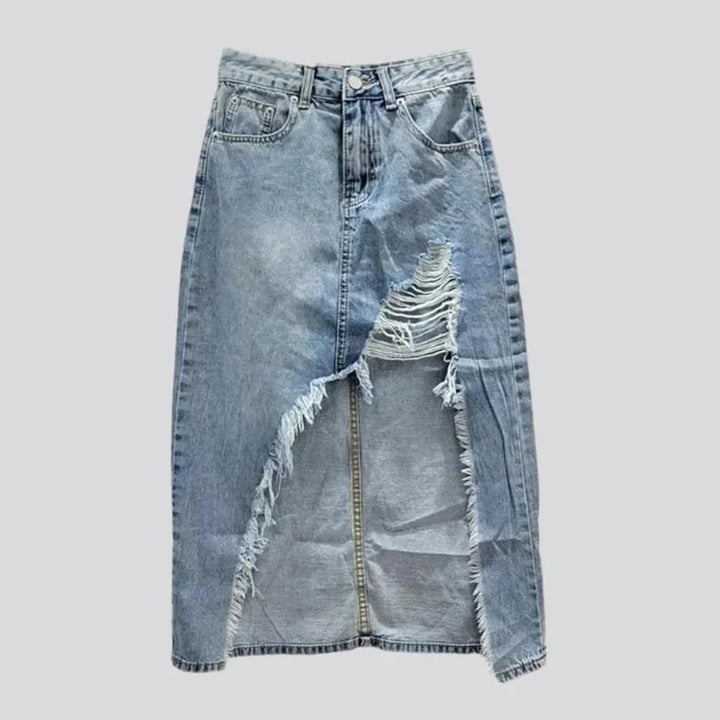 Distressed long denim skirt