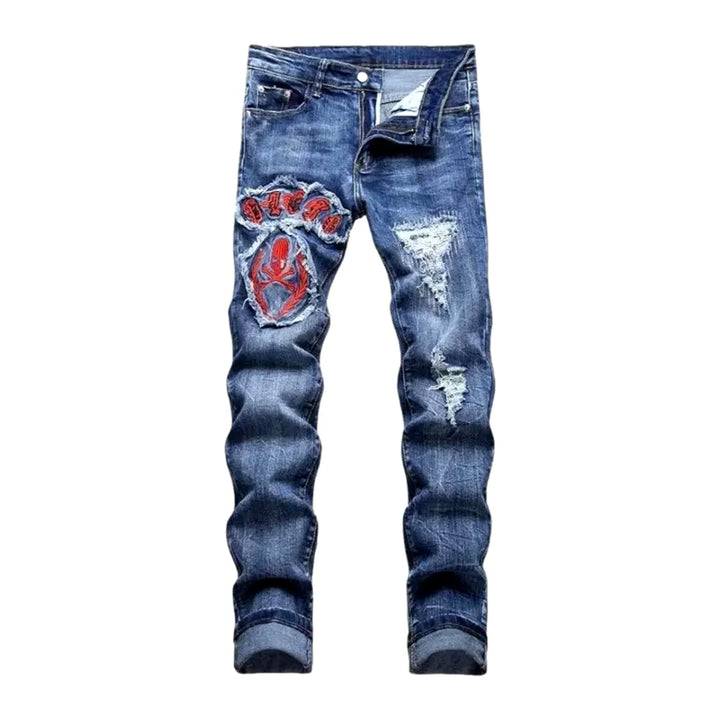 Vintage Distressed Embroidered Men's Jeans - Blue