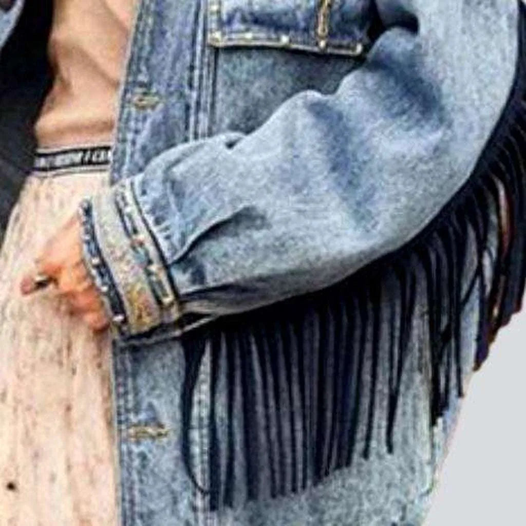 Embroidered fringe denim jacket
 for ladies