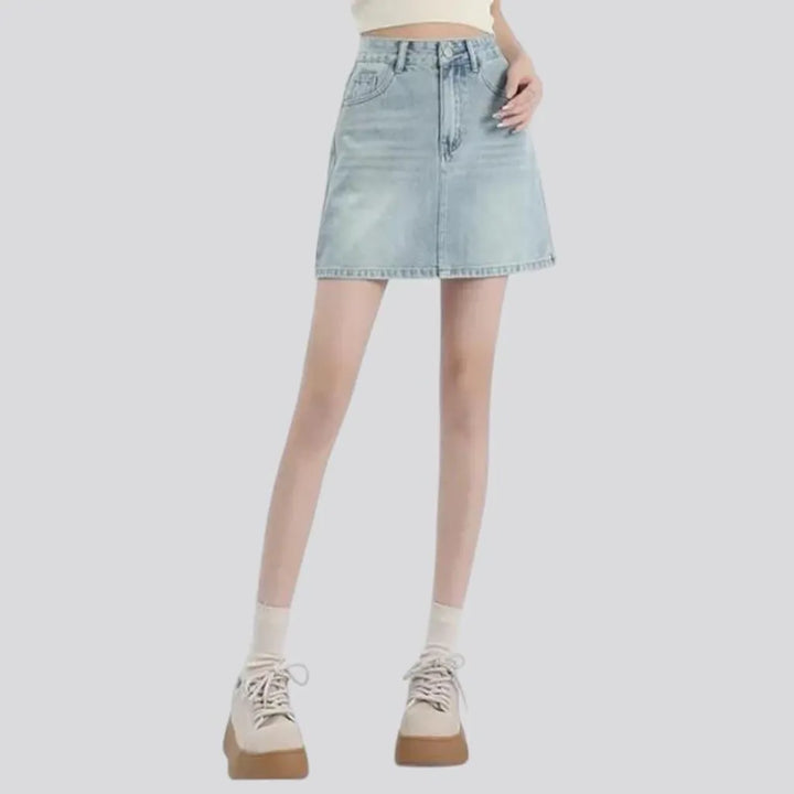 Whiskered high-waist jean skort