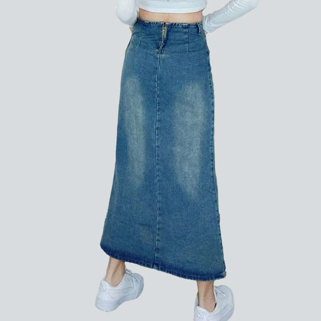 Drawstring slit long jeans skirt