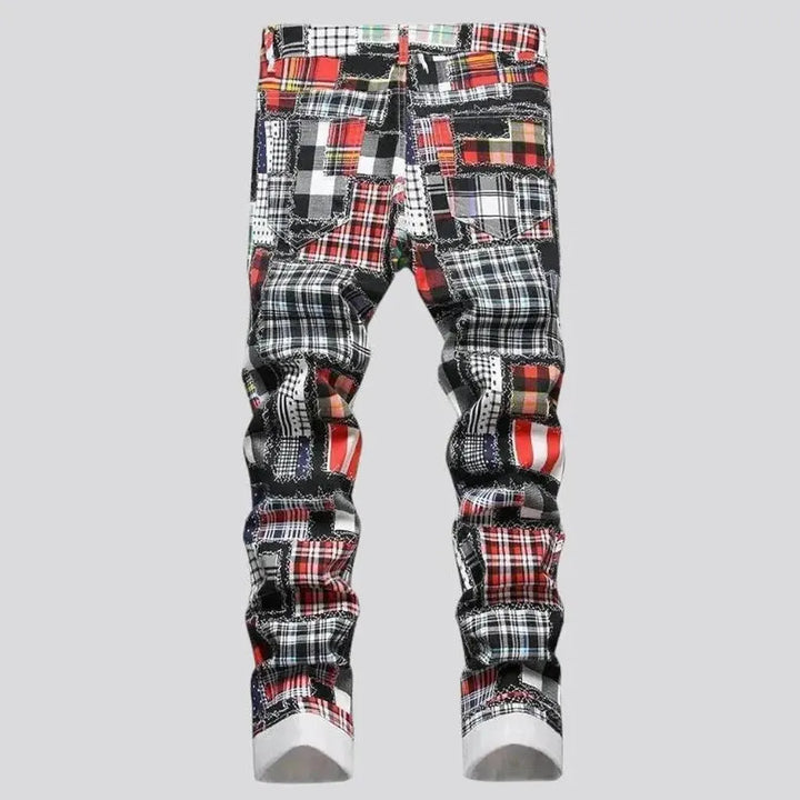 Patchwork-print mid-waist jeans