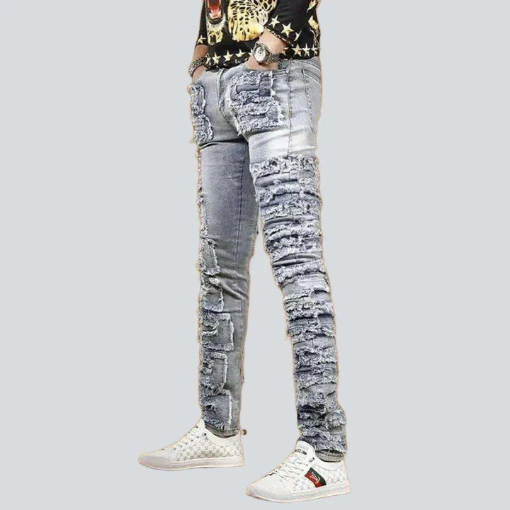 Ripped patch skinny men's jeans