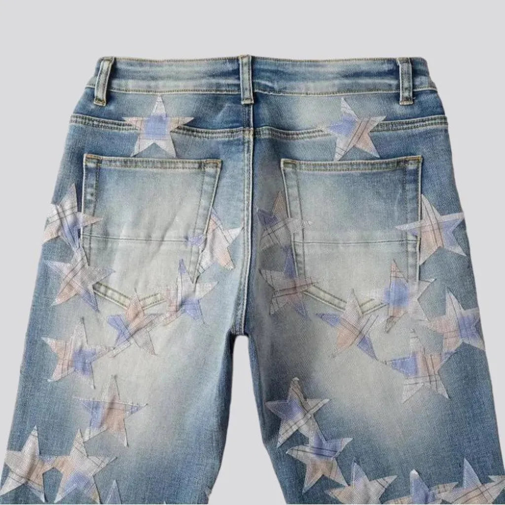 Stars-embroidery men's distressed jeans