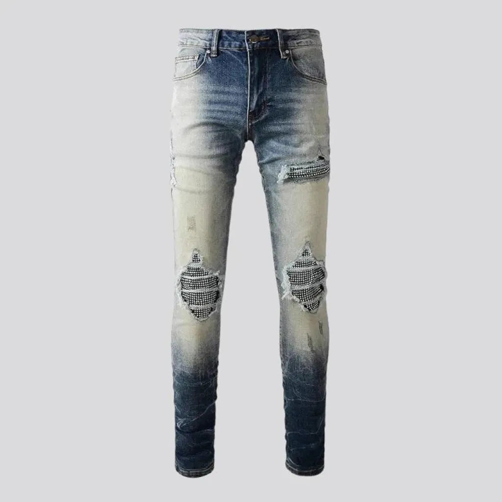 Crystal-patch men's vintage jeans