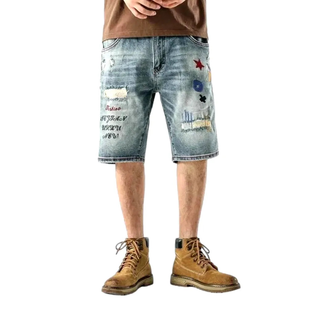 Embroidered whiskered jeans shorts for men