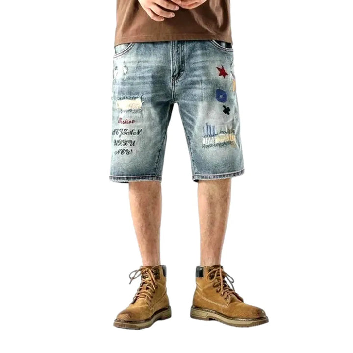 Embroidered whiskered jeans shorts
 for men