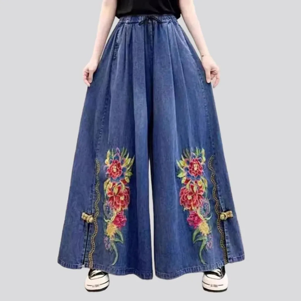 Boho embroidered women's jean pants