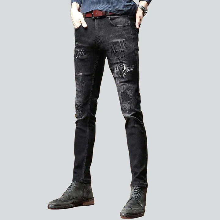 Black embroidery skinny men's jeans