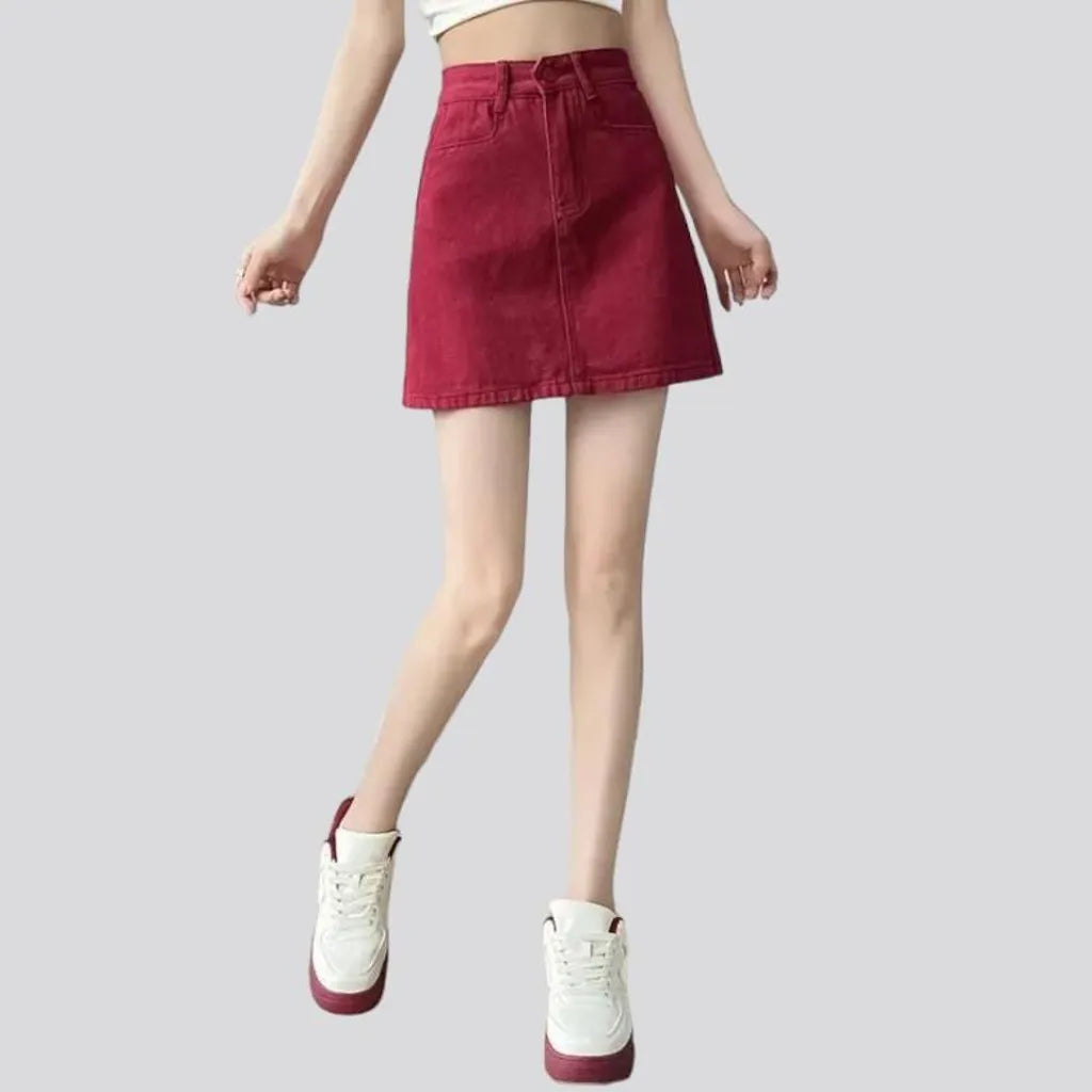 Mid-waist red women's jeans skort