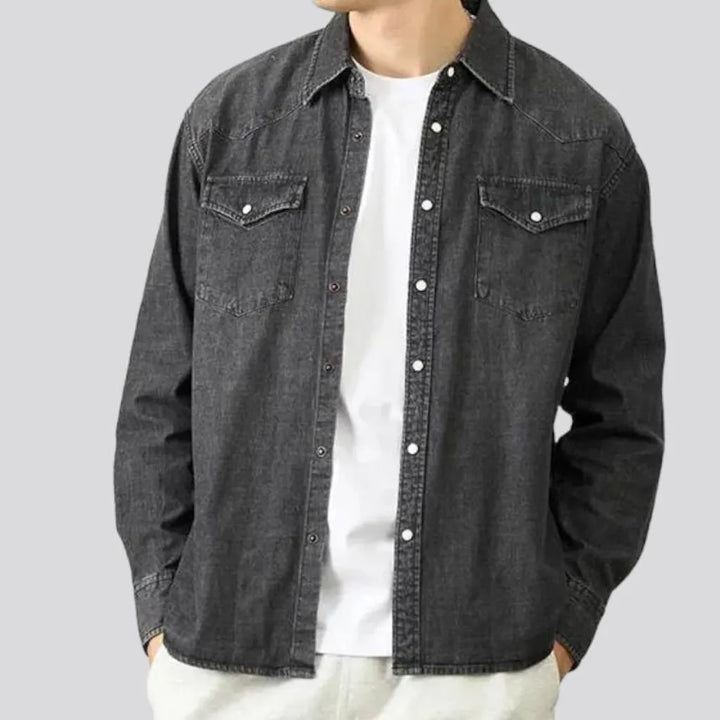 vintage, oversized, 6.5oz, grey, flap-pockets, buttoned, men's shirts | Jeans4you.shop