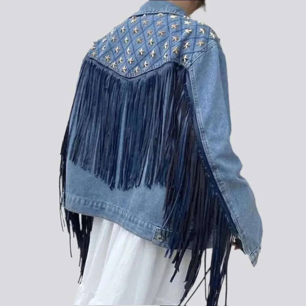 Fringe embellished color denim jacket