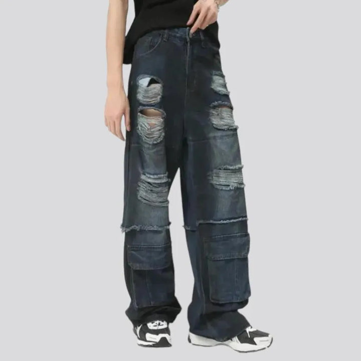 Distressed dark wash baggy jeans for men