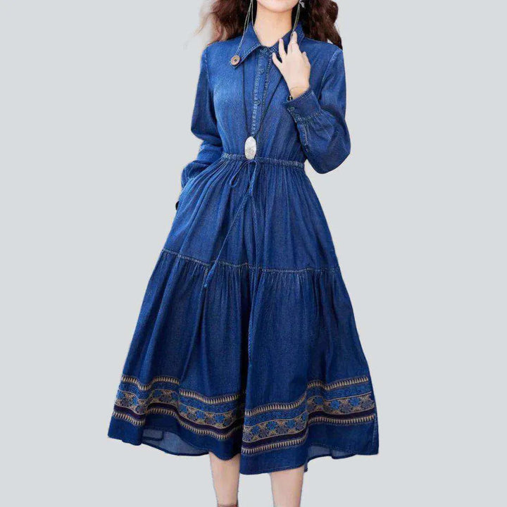 Ornamented flared denim dress