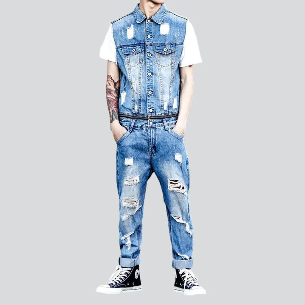 Distressed jean jumpsuit for men