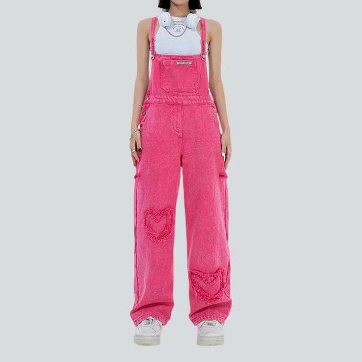 Pink embroidered women's denim jumpsuit