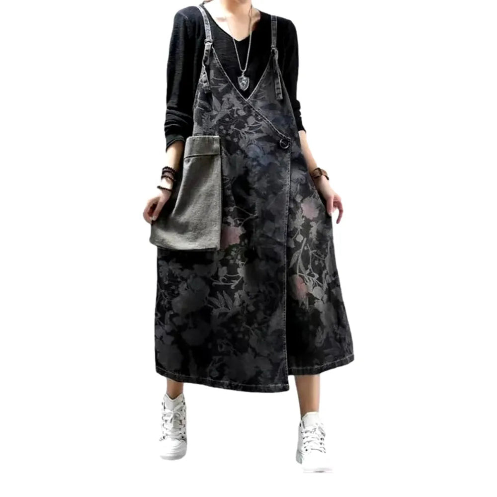 Fashion Dark Floral Denim Dress - Black