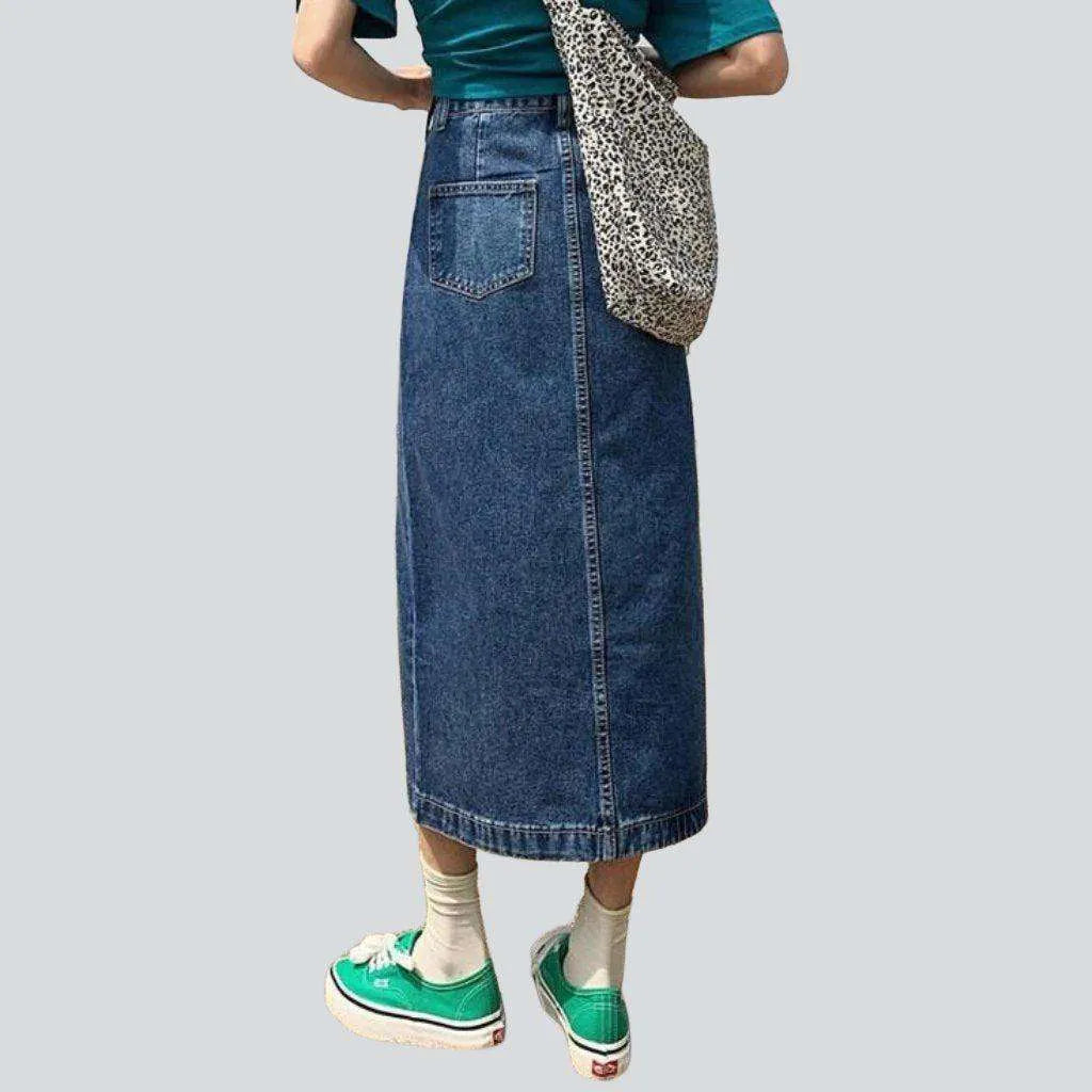 Side closure long denim skirt