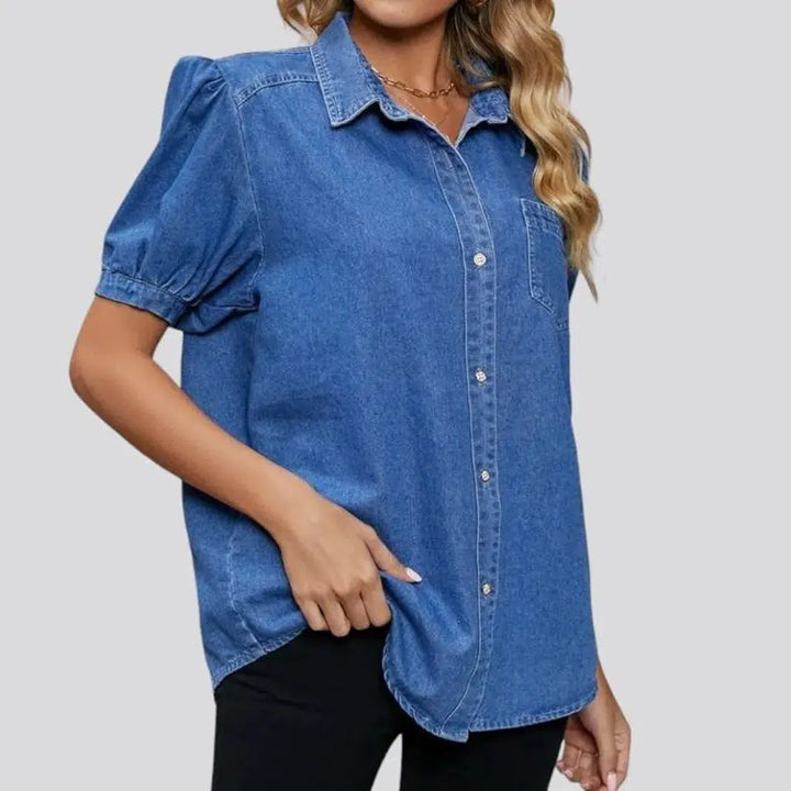 Loose medium-wash jean shirt for women