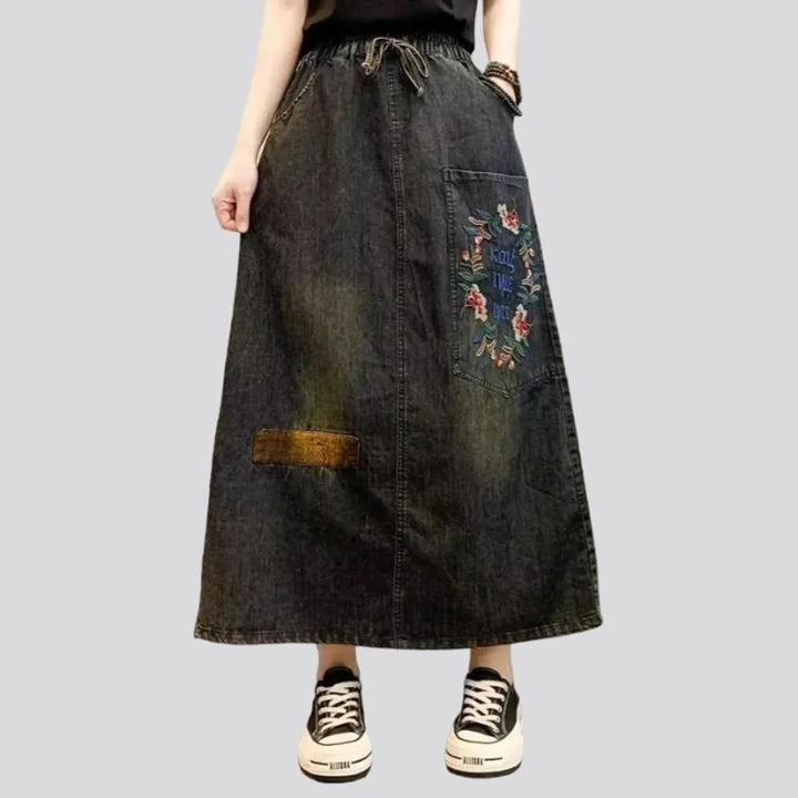 Embroidered boho women's denim skirt