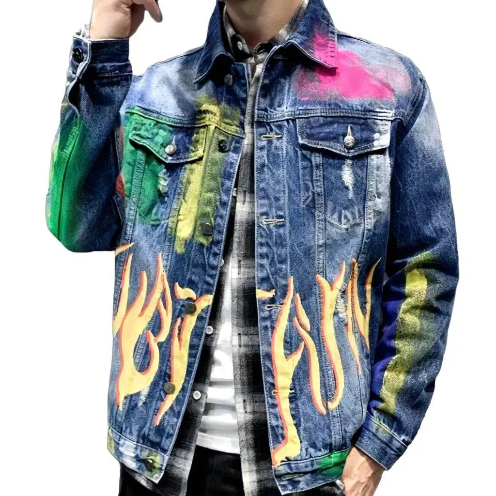 Flame-print men's denim jacket