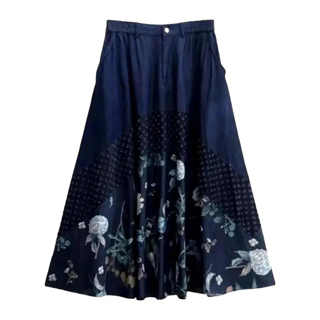 Flowery dark-wash denim skirt for ladies